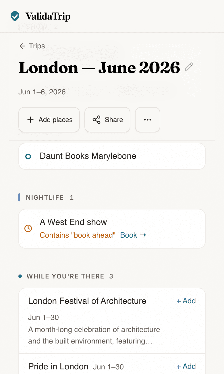 ValidaTrip suggestions panel showing events that overlap the trip dates.