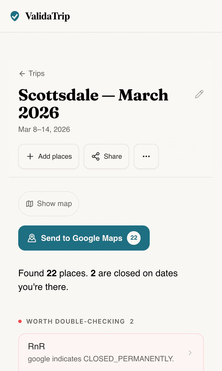 ValidaTrip review screen showing closure flags for places that are not open during the trip dates.