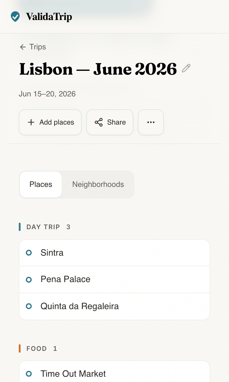 ValidaTrip places tab showing recommendations organized into Day Trip, Food, and Landmark groups.
