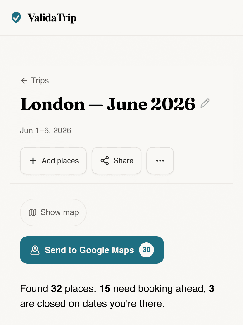 ValidaTrip review screen showing trip-date validation, booking-ahead flags, and a checked places list.