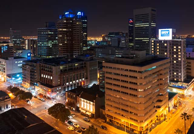 Downtown Cape Town at night from roof of Strand South hotel in Cape Town, South Africa