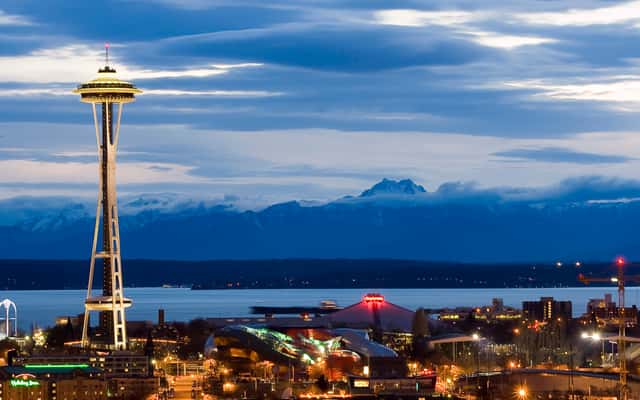 Seattle Center as night falls in Seattle, United States