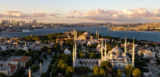 Historical peninsula and modern skyline of Istanbul in Istanbul, Turkey