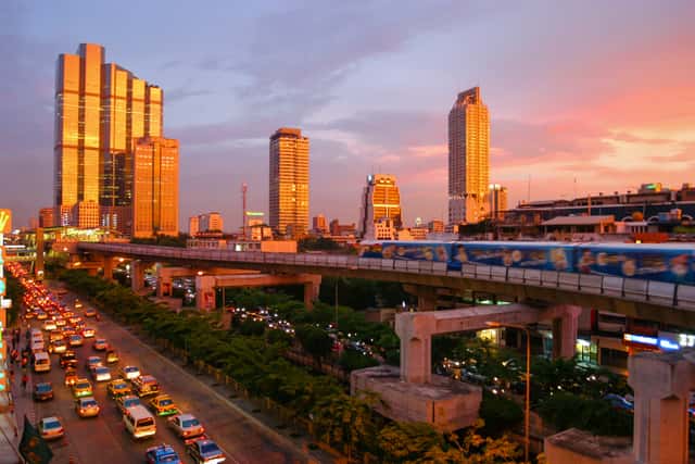 Bangkok skytrain sunset in Bangkok, Thailand