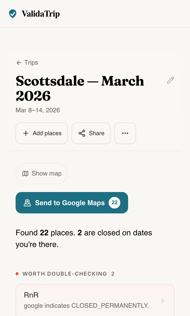 ValidaTrip review screen showing closure flags for places that are not open during the trip dates.