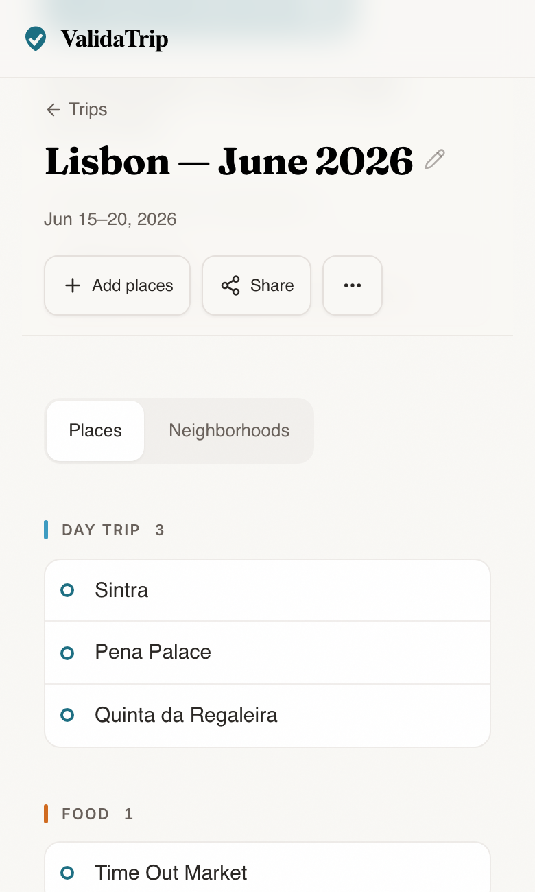 ValidaTrip places tab showing recommendations organized into Day Trip, Food, and Landmark groups.