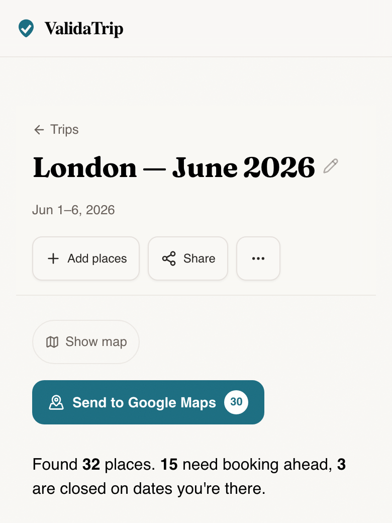ValidaTrip review screen showing trip-date validation, booking-ahead flags, and a checked places list.